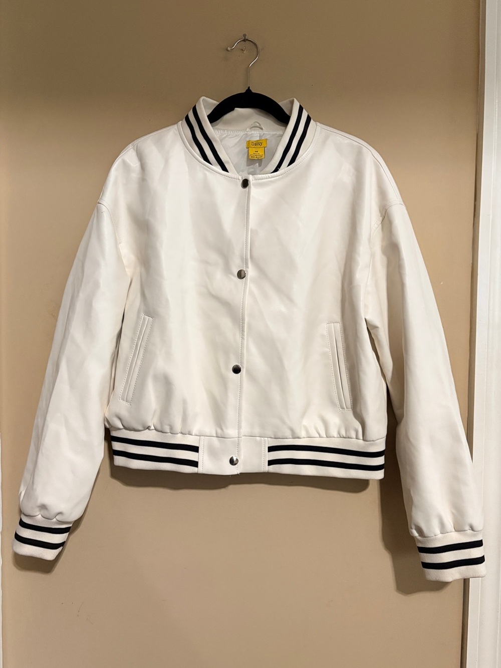 Off-White Faux Leather Bomber Jacket with Striped Trim 2X